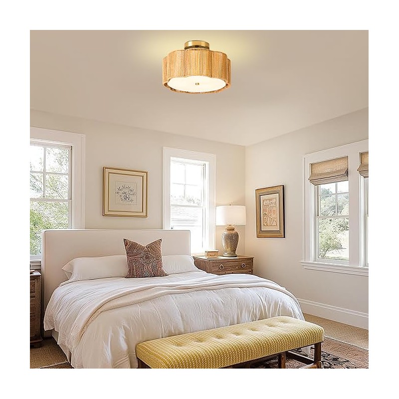 Jolydoly 13.4" Rattan Flush Mount Ceiling Light Fixtures,3-Light Boho Light