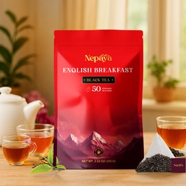 English Breakfast Black Tea Bags (Pack of 50) Pyramid Tea Bags, High Caffeine, Biodegradable Bags, Exotic Spices, Strong Robust Tea From the Himalayas