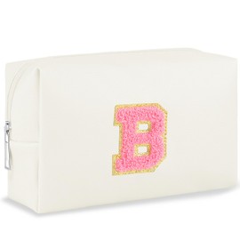 URSKYTOUS - Bolsa de maquillaje con inicial, personalizada, pequeña bolsa de cosméticos de viaje, bonita bolsa de maquillaje de felpilla blanca de poliuretano, para cartera, impermeable, con cierre,