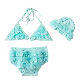 Mud Kingdom - Conjunto de bikini para niñas pequeñas con gorro de natación para playa, deporte con cuello en V, Azul, 5-6
