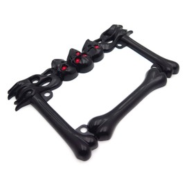 HTTMT- MT294-006- Black Metal Skull Motorcycle License Plate Tag Frame Holder Compatible With H-D