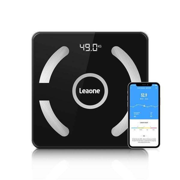 Leaone Bluetooth Body Fat Scale Usb Rechargeable Smart Digital Bathroom Weight Scale Body Composition Analyzer With Ios & Android App for Body Weight, Fat, Water, Bmi, Bmr, Muscle Mass (black), 1 Lb