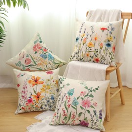 Dremisland Set of 4 Outdoor Cushion Covers, 45 x 45 cm, Garden Cushion, Sofa Cushion, Colourful Flowers, Butterflies Cushion Covers, Summer Cushion Cover, Farmhouse Decorative Cushion, Linen