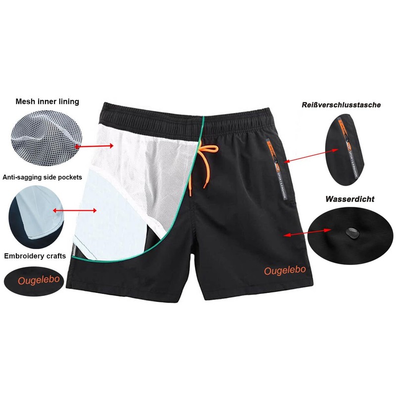 Ougelebo Men's Swimming Trunks with Zip Pocket, Quick-Drying, gray
