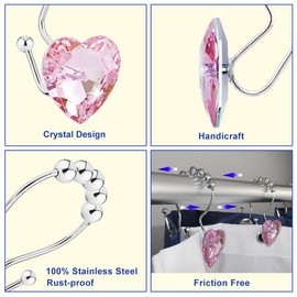 Yapicoco Shower Curtain Hooks Rings for Bathroom, 12PCS Valentines Day Heart Stainless Steel Rust Resistant Decorative Rhinestones Double Shower Hooks Hangers for Shower Curtains, Clothing, etc.