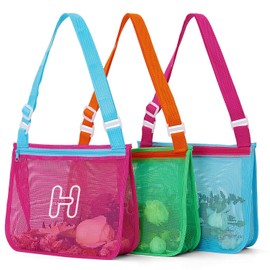 3Pcs Alphabet Printed Seashell Bags, Lightweight & Foldable Kids Beach Toy Mesh Bags with Adjustable Straps, Waterproof and Portable for Pool and Beach Essentials-H