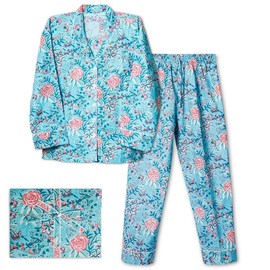 Huar Cotton Pajamas for Women Set - Luxurious Cotton Womens Pajama Sets - Long Sleeve Elegant and Comfortable PJ Set (US, Alpha, XX-Large, Regular, Regular, Sky Blue)
