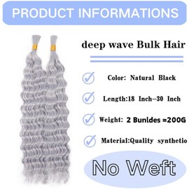 Deep Wave Bulk Braiding Hair 20inch 2pack 200g No Weft Deep Wave Bulk Hair for Braiding Micro Quality Synthetic Braiding Hair for Boho Braids Wet and Wave grey#