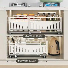 Under Sink Pull-Out Cabinet Organizer for Kitchen and Bathroom Cabinet Storage - Metal Expandable Drawers(12.8-19.49in Width) Suitable for Hair Tools,Trash Bags Black 1 Pack