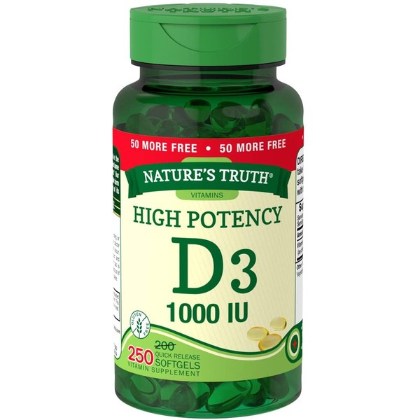 Nature's Truth Vitamin D3, 1,000 IU, Value Size, 200+50 Count, Assorted