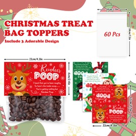 Whaline 120 Pcs Christmas Self-Adhesive Goody Bag with Topper Poop Elf Reindeer Snowman Candy Cello Bag Plastic Xmas Favor Treat Bag for Winter Party Wrapping