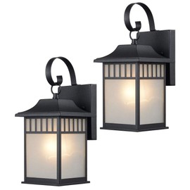 Designers Impressions Twin Pack 73476 Textured Black Outdoor Patio/Porch Wall Mount Exterior Lighting Lantern Fixtures with Frosted Glass