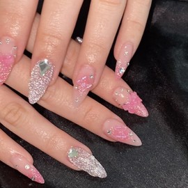 Medium Press On Nails Medium Almond Fake Nails With Nude Pink Rhinestone Designs Acrylic Nails Press Ons Glossy Stick On Nails Full Cover False Nails Glue On Nails For Women