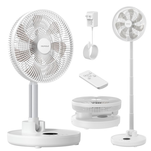TriPole Standing Oscillating Pedestal Fan, Rechargeable Battery Operated Quiet Height Adjustable Floor Fan with Remote Timer, Foldaway Portable Fan for Bedroom Home Travel, 5-31H Working, 12''