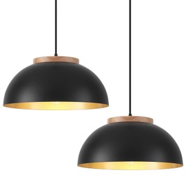 PINDODO Black Pendant Lights Kitchen Island 2 Pack,15.7 Inch Dome Hanging Lamp with Wood Cap,Modern Farmhouse Pendant Lighting for Dining Room, Entryway Cafe, Bar