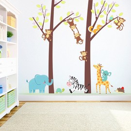 Jungle Animal Wall Decal Removable Tree Branch Wall Decals Art Mural Monkey Owls Bear Deer Vinyl Wall Stickers for Kids Room Bedroom Home Decoration