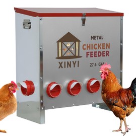 150 lb Automatic Chicken Feeder 10 Ports, Large Galvanized Poultry Pro Feeder, Rodent Proof Weatherproof Chicken Food Dispenser System,Best Chicken Feeder for Your Chicken coop 27.6 Gallon