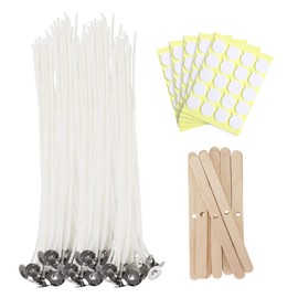 JEAWIWI 100 Pcs Cotton Candle Wicks (10 Inches) with 100 Pcs Wick Stickers and 10 Pcs Wooden Candle Wick Holders, Candle Wicks for Soy Wax, Beeswax, Coconut Wax