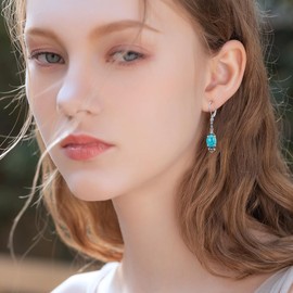 Vintage Leverback Earrings 925 Sterling Silver Retro Leverback Dangle Drop Earrings with 9mm Oval Birthstone, Anniversary Birthday Jewelry Gifts for Women, Sterling Silver, Turquoise