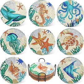 Funvalley Surperfect 8 Pack Diamond Painting Coasters with Stand, DIY Sea Life Coasters Diamond Art Kit for Adult Kids Beginners Diamond Art Craft Kit