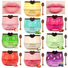 10 PIEZAS Bálsamo Labial de Miel en Pote de Abeja - Sabores Fresa, Sandía, Manzana Lima, Cereza, Menta, Aloe Vera, Uvas, Coco y Melocotón, Bálsamo Labial de Miel para Noche Entera, Hidratante en