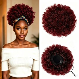 Afro Puff Drawstring Ponytail - Ombre Burgundy 8Inch 80G, Synthetic Kinky Curly Bun Natural Fluffy Soft Afro Puff Ponytail for Black Women