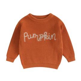 Achlibe Toddler Girls Autumn Winter Knit Sweater Long Sleeve Crewneck Letter Embroidery Pullover Knitwear (Orange, 3-6 Months)