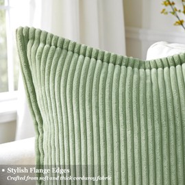 decorUhome Corduroy Sage Green Throw Pillow Covers 18x18 Set of 2 Decorative Soft Striped Couch Neutral Farmhouse Pillow Covers with Broadside for Living Room Bed Sofa