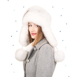 Futrzane Aviator Hat - Winter Trapper Hats for Women - Warm Russian Bomber Hat (L, White - White with Black Siberian)