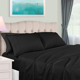 Superior Egyptian Cotton 4 Piece Sheet Set, 650 Thread Count, Eco-Friendly, Sustainable Sheets, Ultra-Soft Basics, Solid, Deep Pocket Fitted Sheet, Flat Sheet, Pillowcases, King, Black