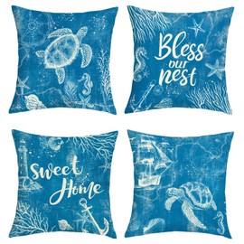 Joymaison Summer Navy Blue Nautical Cushion Covers 45 x 45 Pack of 4 Ocean Sea Turtle Anchors Home Sweet Home Square Throw Pillow Case Decorative Sofa Cushion with Invisible Zipper