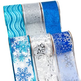 Ribbli Christmas Ribbon Wired Blue and Silver Christmas Tree Ribbon Blue Glitter Christmas Wired Ribbons for Tree, Crafts,Gift Wrapping, Wreaths, Garland, Home Decor -2.5 Inchx6 Rolls Total 36Yard