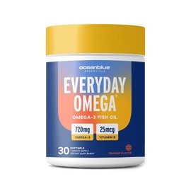 OceanBlue Essentials Everyday Omega – Burp-Free Fish Oil with Vitamin D3 – for Heart and Immune System -- One Softgel Per Day - Count: 3-Month Supply (90 Softgels)