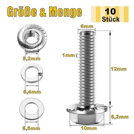 Pack of 10 M6 x 12 Hex Bolts, Flange Screws, Stainless Steel A2 V2A, Male Hexagon, Full Thread, Washers, Spring Washers & Nuts/Screws Assortment with Magnetic Hex Bit
