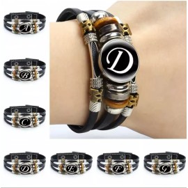 Unbranded Leather Bracelet Letter R Alphabet Cabochon Adjustable Snap Bracelet Men Women