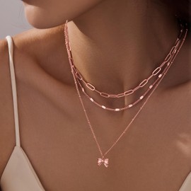 Rose Gold Layered Necklaces for Women,Rose Gold Plated Dainty Stackable Choker Necklaces for Women,Trendy Layering Small Thin Bow Paperclip Chain Pendant Jewelry Set Gifts