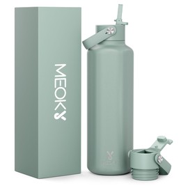 Meoky Stainless Steel Water Bottle: 710ml Insulated Water Bottle with Straw and Flip Lid - Keeps Cold 24 Hours for School Bag - Teenagers Commuters, Sage