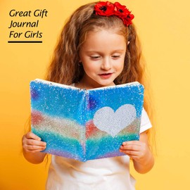Outus Sequin Girls Journal Set with 4 Pieces Color Gel Ink Pens Reversible Diary Flip Sequin Notebook Glitter Writing Journal for Girls Teens End of The Year Gifts(Candy Color,Heart)