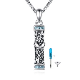 HKPATOP Urn Necklaces for Ashes Sterling Silver Butterfly Filigree Cylinder Memorial Pendant for Loved Ones Keepsake Cremation Jewelry Gifts for Women Men