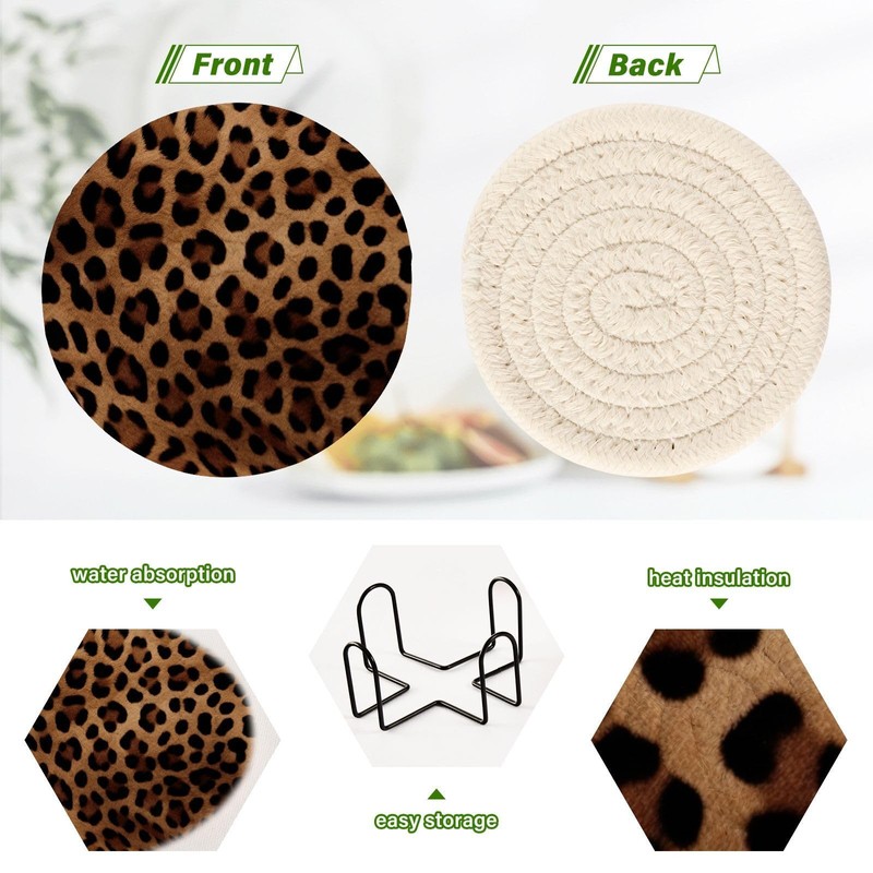 SDMKA Leopard Print 6 Pcs Cotton Woven Coasters with Holder