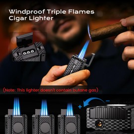 5-in-one Cigar Lighter with V-Cut Cigar Cutter, Cigar Punch, Cigar Draw Enhancer, Cigar Holder, Refillable Butane Triple Windproof Flames Torch Lighter, Cigar Accessories Tool, Cigar Gifts for Men
