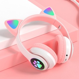 OHAANYY Bluetooth kopfhörer Kinder,Mädchen Katzenohr Kopfhörer Over Ear mit LED licht Faltbare Stereo Kopfhörer Bluetooth,Kabellose Kopfhörer Kinder mit Mikrofon für Tablet/Handy/PC (Rosa)