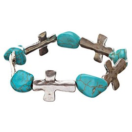Accessoriesforever Cross Jewelry Turquoise Stone Charm Link Stretch Bracelet Antique Silver Blue