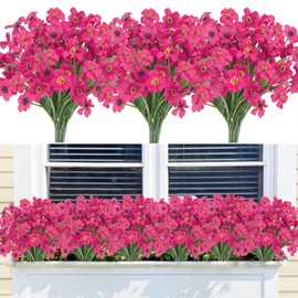 24 Bundles Artificial Flowers for Outdoors Decoration, UV Resistant Fuchsia Silk Fake Faux Flowers with Plastic Plants for Hanging Basket Outside Window Box Porch Garden Home Decor