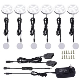 AIBOO 12V LED Under Cabinet Lights Kit 6 Pack Black Cord Aluminum Puck Lamps for Kitchen Counter Closet Lighting with Manual on/Off Switch 12W 6 Lights (6000K Daylight White)