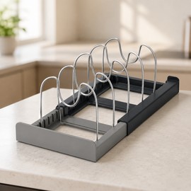 Expandable Kitchen Cabinet Organizer with 7 Adjustable Stainless Steel Dividers – Pan, Pot Lid, Cutting Board and Bakeware Storage Rack