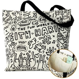 Cotton Canvas Reusable Grocery Bags Tote Bag with Inner Pocke, Black And White Pattern Printing. Totes Bags Shopping Gym And Travel (keep happy style)