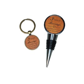 3 Years Of Marriage, 3rd Wedding Anniversary Keyring, Leather Gift Key Chain & Bottle Stopper (Combo)