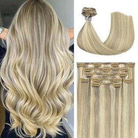 Honsoo Extensiones de cabello natural rubio decolorado mixto, 50,8 cm, 70 g, 7 unidades, extensiones de clip, sin desprendimiento ni enredos.