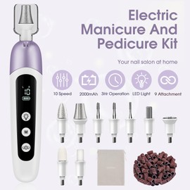 Professional Manicure Pedicure Kit with Memory Modes, Cordless Electric Nail File Set 10 Speed Portable Nail Drill Machine, Pedicure Tools for feet, Hand Foot Care Tool for Thick Nail Toenail Cuticle